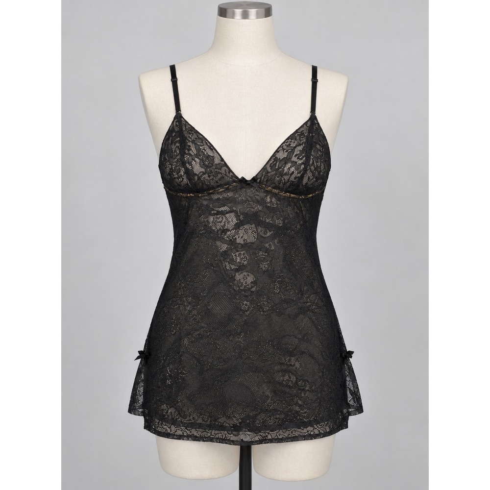 Victorias Secret Black Floral Lace Babydoll Chemise Corset Back Bows Medium